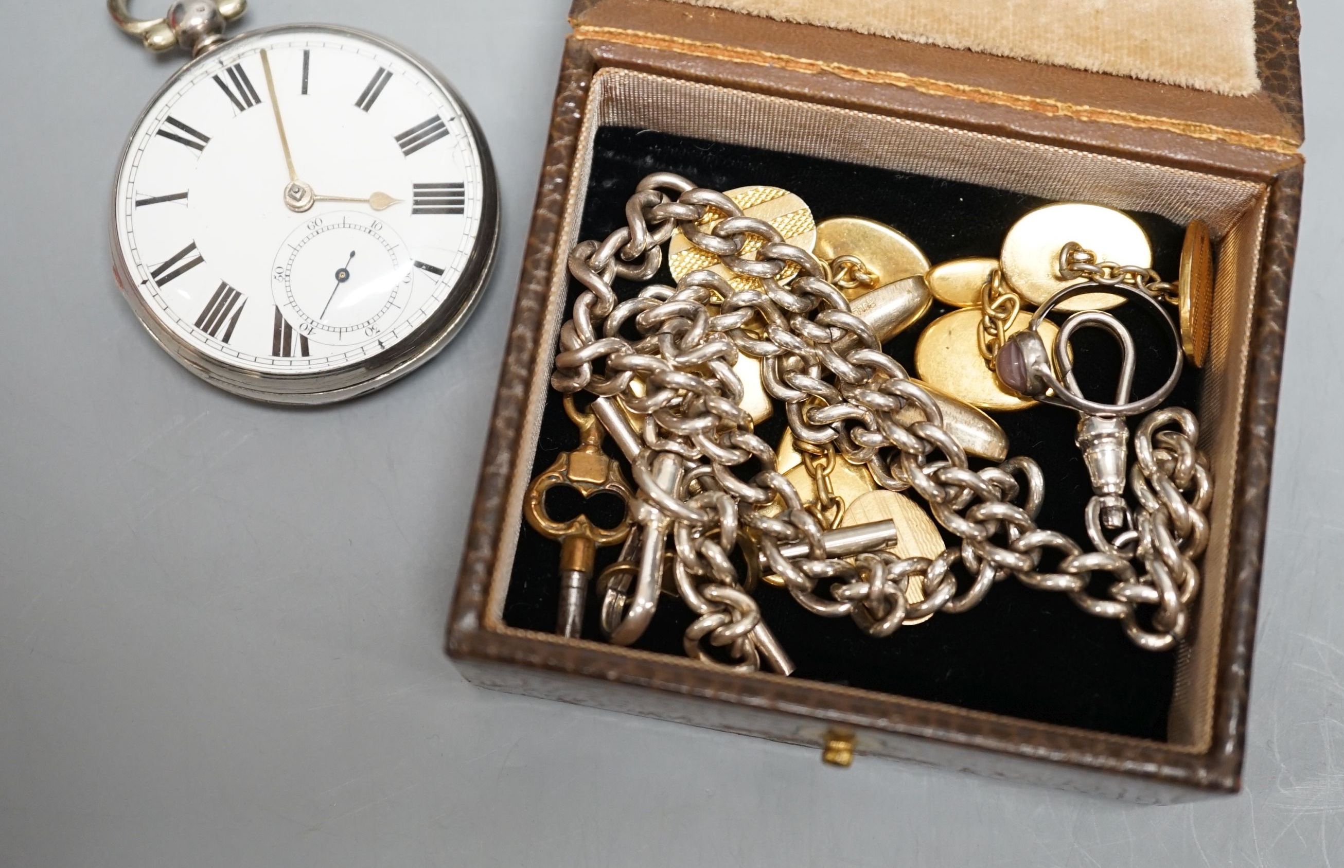 A Victorian silver open face pocket watch, with Roman dial, a metal albert and various gold plated cufflinks, watch key and white metal and agate ring.